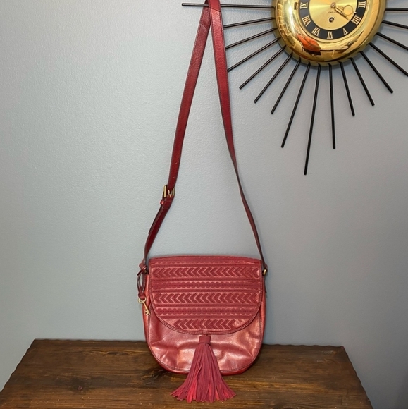 Fossil Handbags - FOSSIL Emi Wine Leather Saddle Bag Crossbody Large Tassel